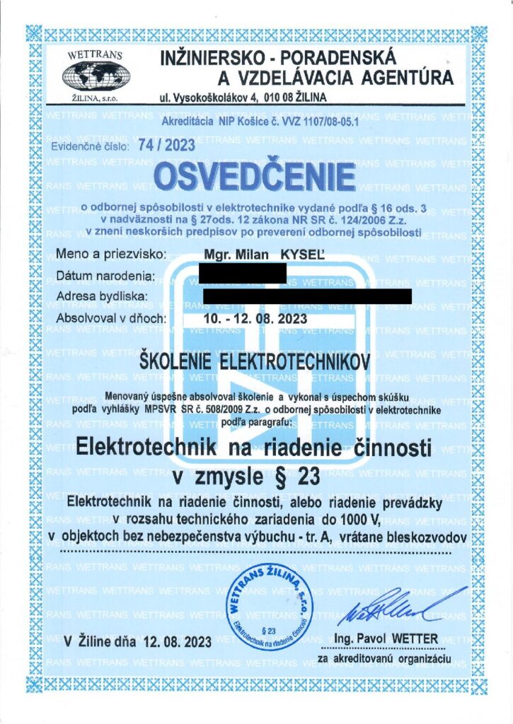Osvedčenie § 23 Mgr. Milan Kyseľ