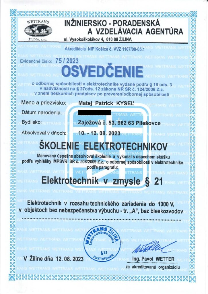 Osvedčenie § 21 Bc. Matej Patrick Kyseľ