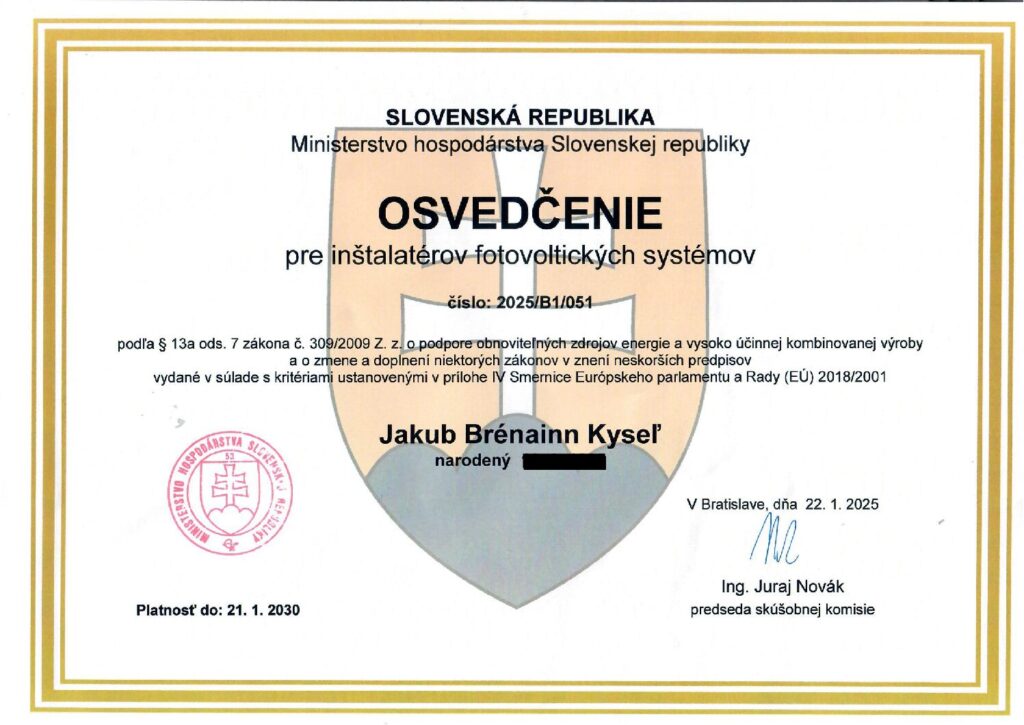 Osvedčenie inštalatéra fotovoltických systémov Ing. Jakub Brénainn Kyseľ