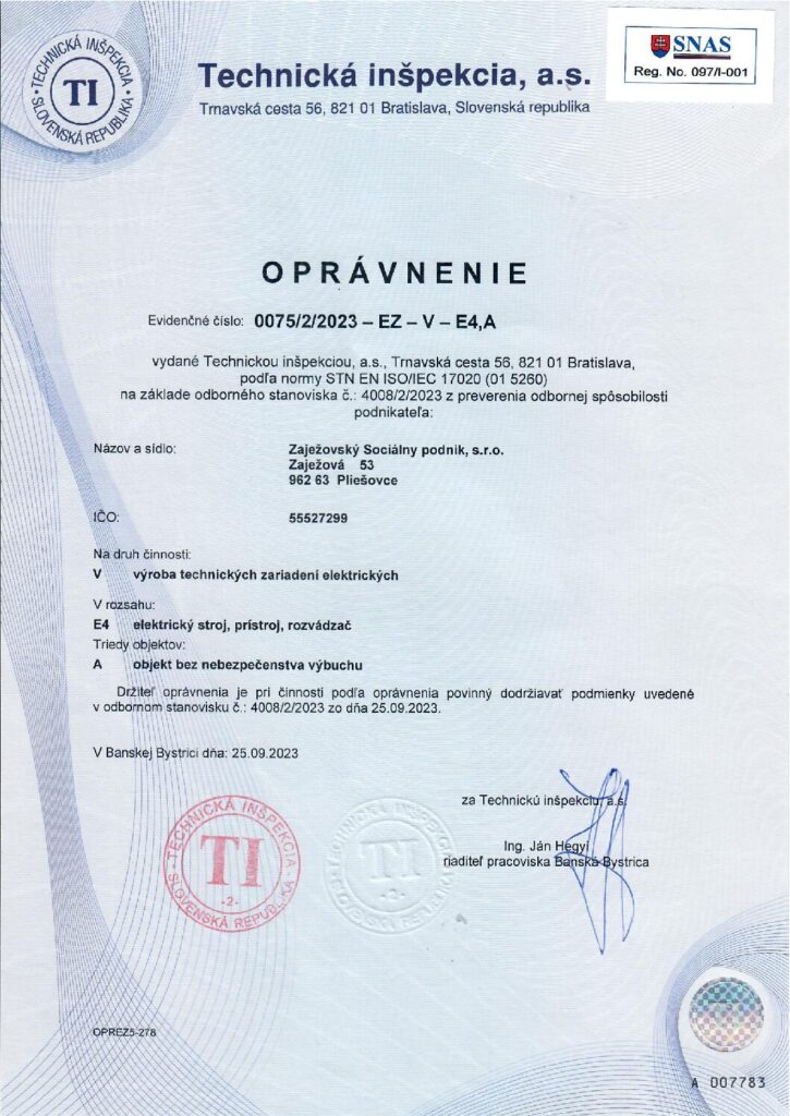Oprávnenie ZSP na výrobu elektrických zariadení