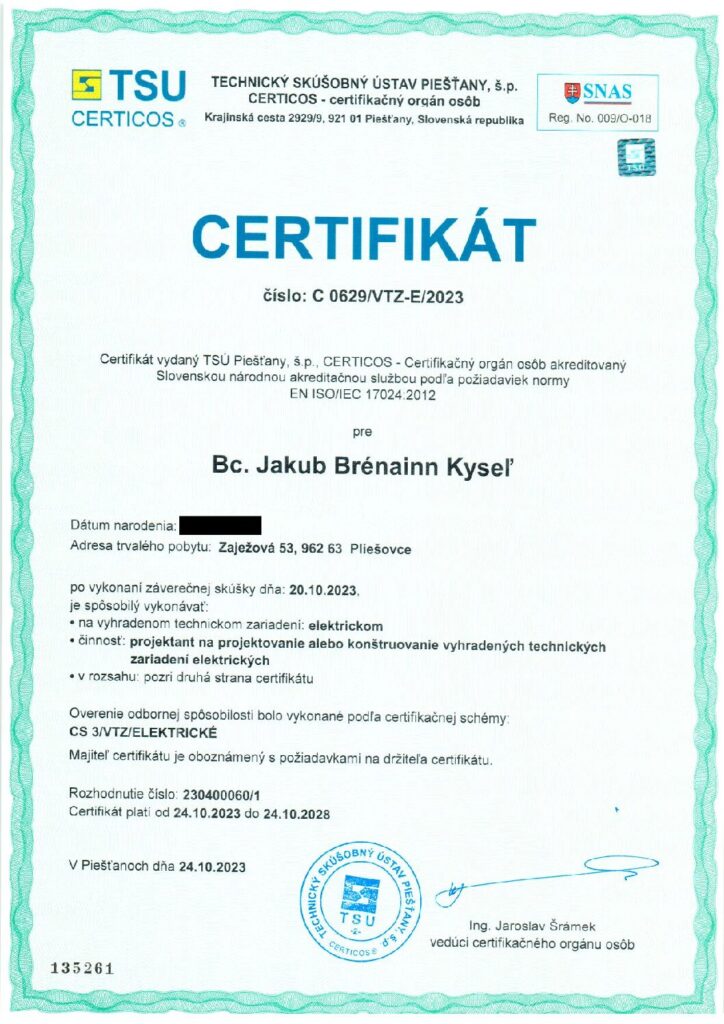 Certifikát projektanta Ing. Jakub Brénainn Kyseľ