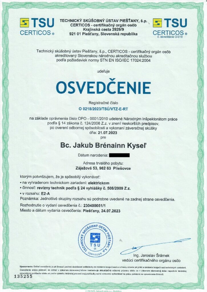 Osvedčenie revízneho technika Ing. Jakub Brénainn Kyseľ